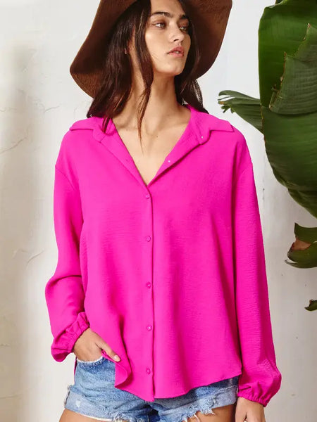 Fuchsia Solid Collared Button-up Shirt Blouse