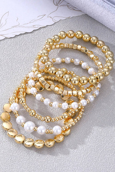 Gold Pearl Beaded Minimalist Multi Layer Elastic Bracelets: Gold / 60%Regenerated Fibre+40%Polyester / ONE SIZE