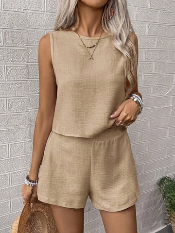 Casual Sleeveless Tank and Shorts Lounge Set: Apricot / L