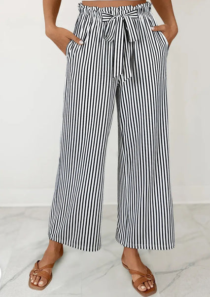 Black/White Stripe Drawstring Knot Wide-Leg Shift Pants/ XL