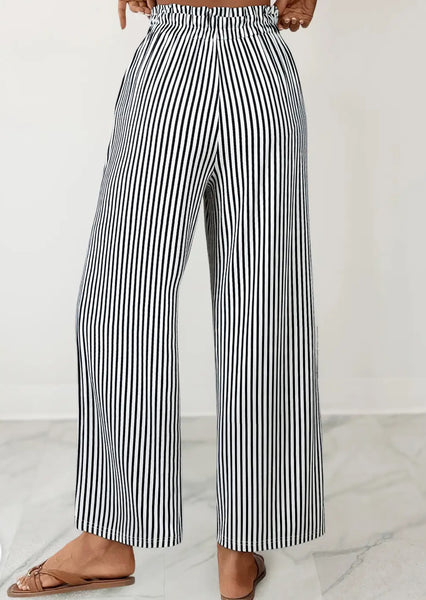 Black/White Stripe Drawstring Knot Wide-Leg Shift Pants/ XL