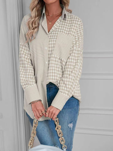 Plaid Soft Brown and White Button Up Blouse