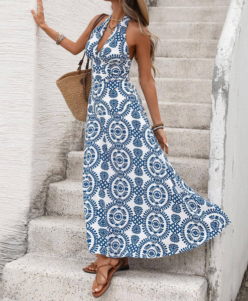 Sleeveless Halter Maxi Dress with Deep V Neck Printed Patter: Blue / M