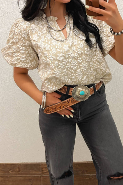 Spring 2026 Western Floral Textured V Neck Blouse: Iceland Blue / M