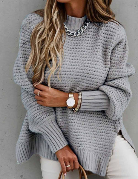 Ladies Solid Color Pullover Side Split Long Sleeves Sweater: Red / M
