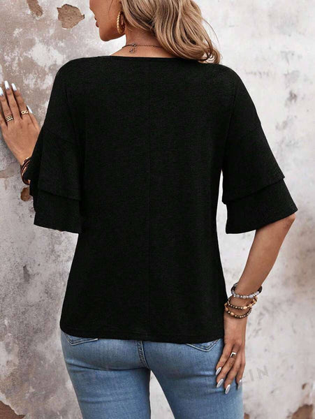 Womens Flutter Sleeve V Neck Summer Casual Blouse Top: Brown / 65%Rayon + 35%Polyester / XL
