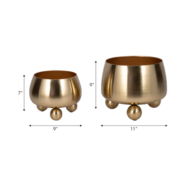 Plant Pot Set of 2 - Gold Metal Round with Ball Feet, 9/11in
