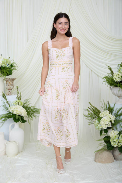 FLORAL DROP WAIST SLEEVELESS MIDI DRESS: CREAM MULTI