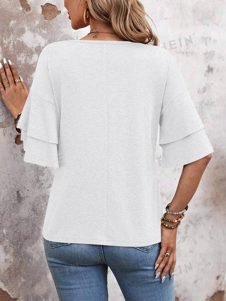Womens Flutter Sleeve V Neck Summer Casual Blouse Top: Brown / 65%Rayon + 35%Polyester / XL