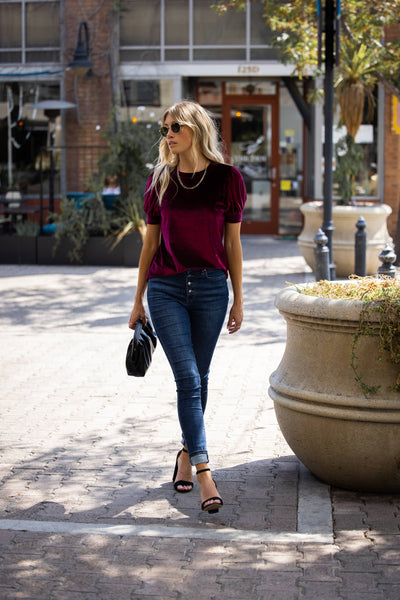 Velvet Short Puff Sleeve Sweater Knit Top: Wine / Large