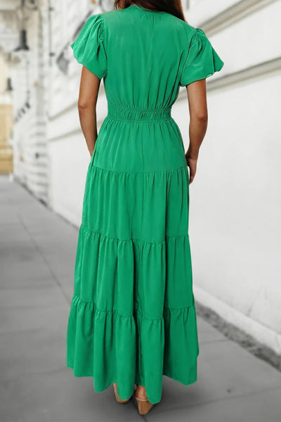 Solid V Neck Short Puff Sleeve Tiered Maxi Dress | S-XL: Bright Green / S