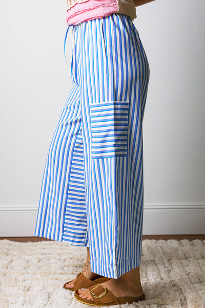 Stripe Waist Patch Pocket Wide Leg Pants Sky Blue Stripe / M