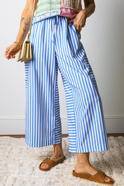 Stripe Waist Patch Pocket Wide Leg Pants Sky Blue Stripe / M
