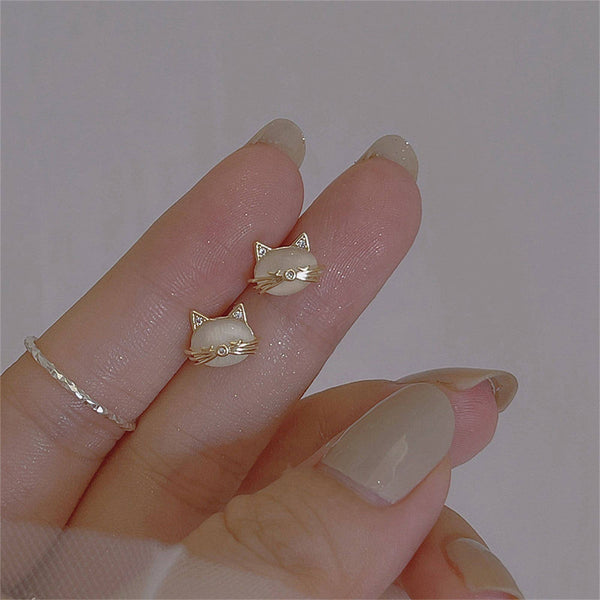 Cute Mini Opal Cat Stud Earrings in 925 Sterling Silver: Silver