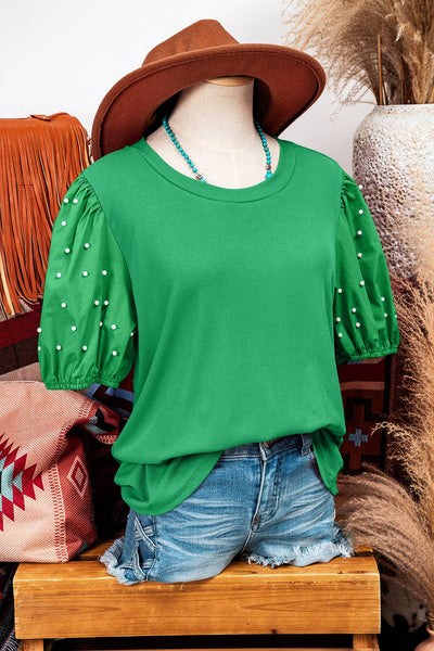 Fashion St. Patrick's Ribbed Pearl Beaded Puff Sleeve Top: Green / Missy / L