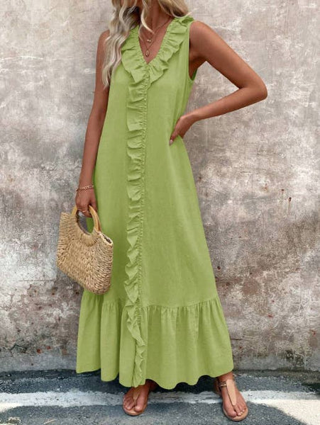 Solid-colored cotton V-neck loose wide-hem dress: DARKBLUE / (M) 1