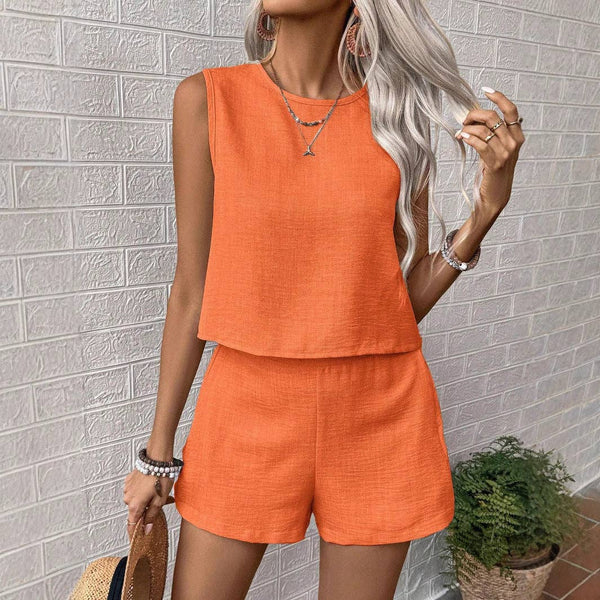 Casual Sleeveless Tank and Shorts Lounge Set: Apricot / S