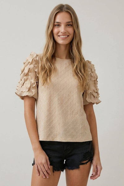 DIAMONT TEXTURED RUFFLE PUFF SLEEVE TOP - 46027T-1: COFFEE / Contemporary / S