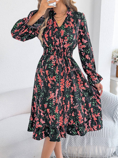 Floral Print Smocked Waist Long Sleeve Midi Dress: Green / M