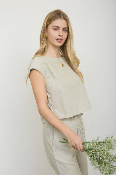 STRIPE LINEN SIDE TIE DETAIL SHORT SLEEVE TOP : NAVY