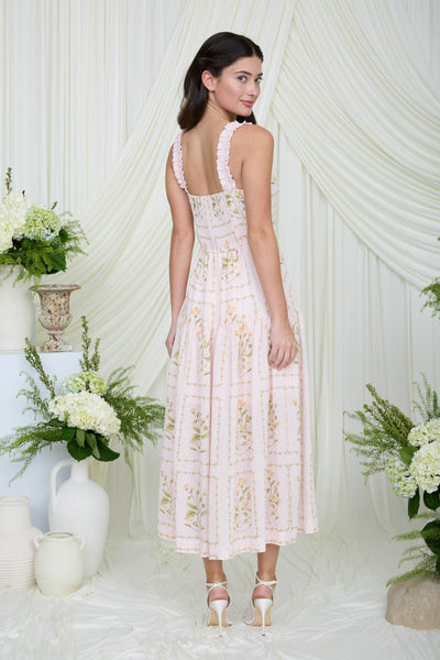 FLORAL DROP WAIST SLEEVELESS MIDI DRESS: CREAM MULTI