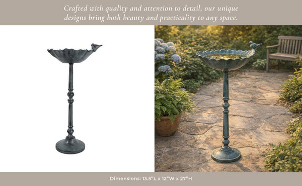27x13" Bird On Flower Bird Bath Patina Finish, Mul