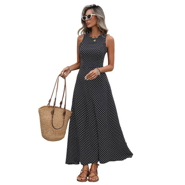 Women Tie Backless Polka Dot Sleeveless Summer Maxi Dress: Black / M