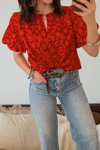 Spring 2026 Western Floral Textured V Neck Blouse: Iceland Blue / M