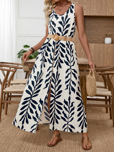Sleeveless Printed Maxi Dress with Belt Button Front Detail Round Neck and Flowy Silhouette: Navy / Medium 8-10