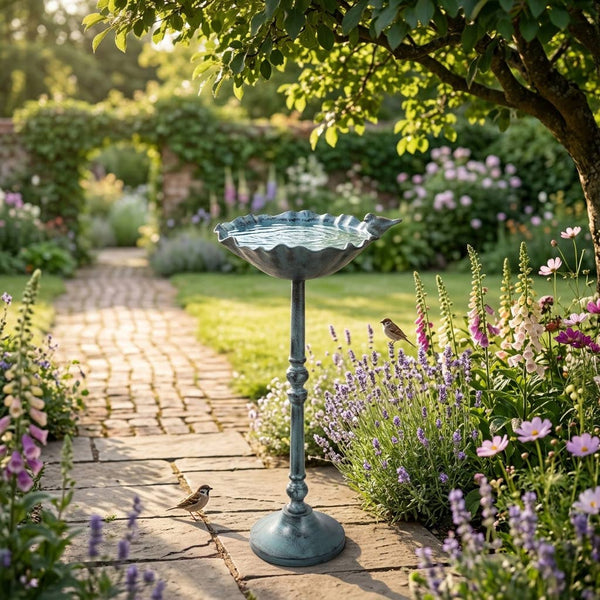 27x13" Bird On Flower Bird Bath Patina Finish, Mul