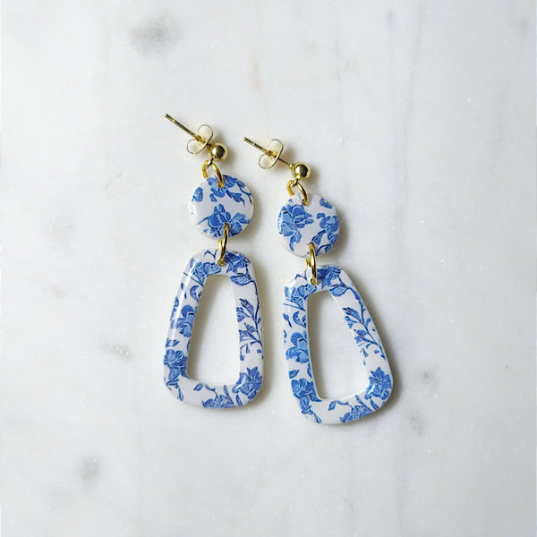 Blue Chinoiserie Polymer Clay Toile Dangle Earrings: 2