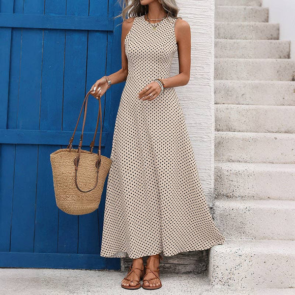 Women Tie Backless Polka Dot Sleeveless Summer Maxi Dress: Black / M