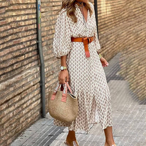 Belt waist print V-neck simple single-breasted long dress: KHAKI / (L) 1