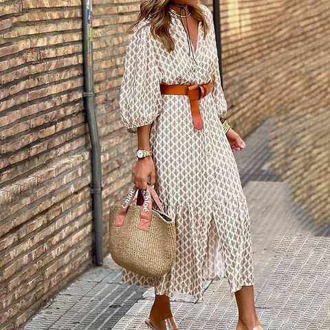 Belt waist print V-neck simple single-breasted long dress: KHAKI / (L) 1