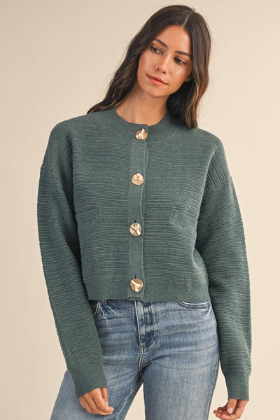 Ribbed Textured Sculpted Button Cropped Cardigan: TEAL / 2-2-2-2(S-M-L-XL)