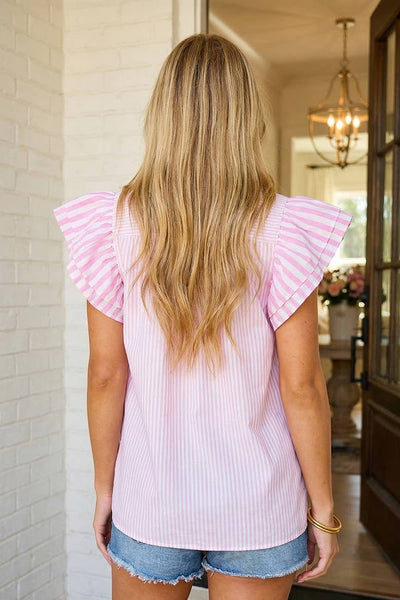 PINK Stripe Contrast V Neck Flutter Sleeve Blouse / L