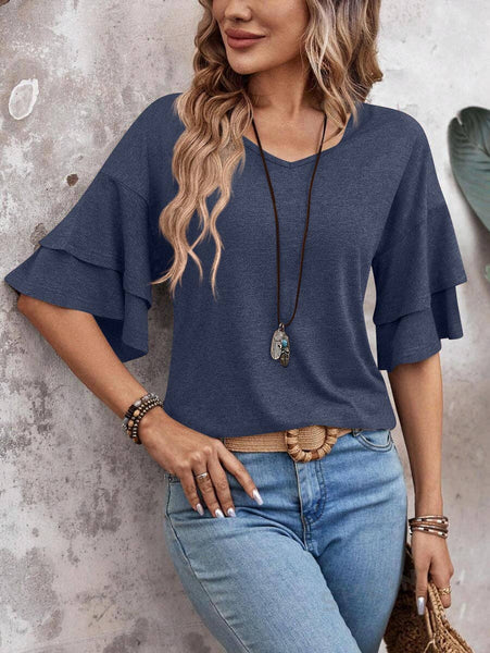 Womens Flutter Sleeve V Neck Summer Casual Blouse Top: Brown / 65%Rayon + 35%Polyester / XL