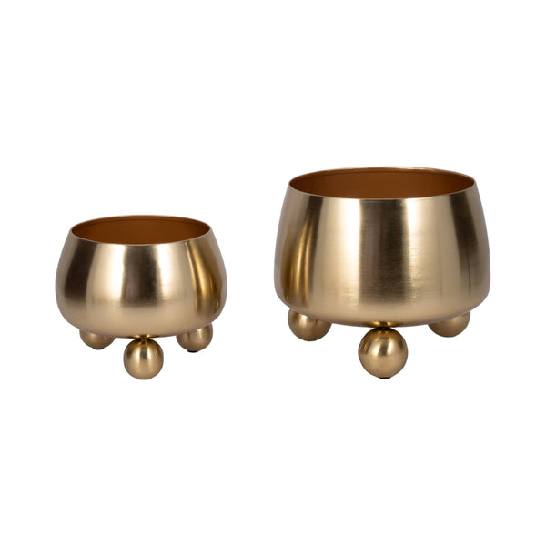 Plant Pot Set of 2 - Gold Metal Round with Ball Feet, 9/11in