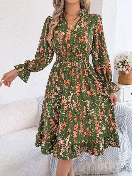 Floral Print Smocked Waist Long Sleeve Midi Dress: Green / XL