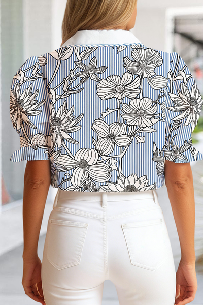 Shirt-Floral Stripe Print Collar Short Sleeve Blouse |Sky Blue / M