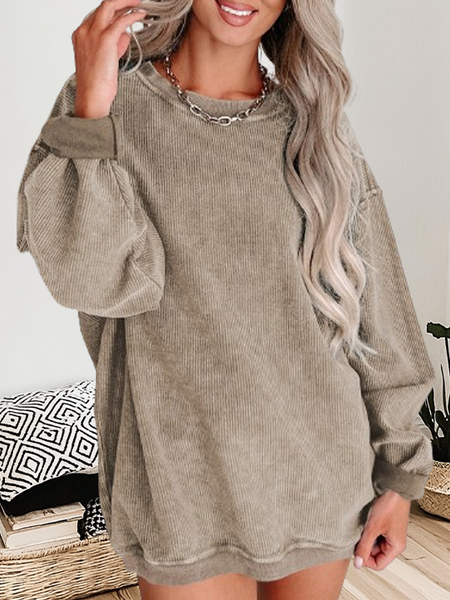 Round Neck Solid Ribbed Knit Pullover Sweatshirt: Khaki / 100%Polyester / L