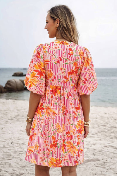 Striped Floral Print Tie Neck Puff Sleeve Loose Mini Dress: Pink / L