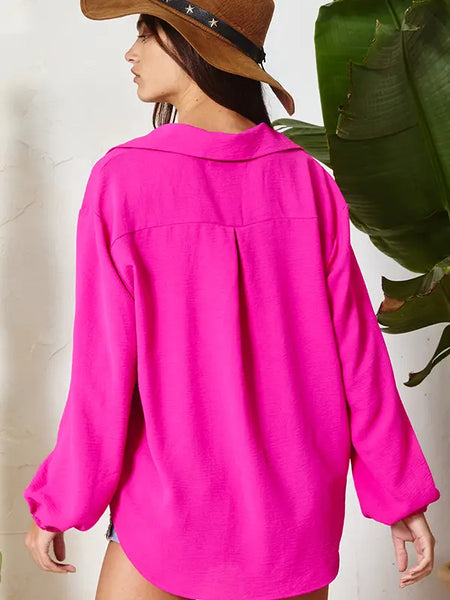 Fuchsia Solid Collared Button-up Shirt Blouse