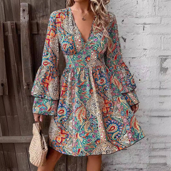 Women's Floral Print V-Neck Flared Sleeve Dress: Suit color / M