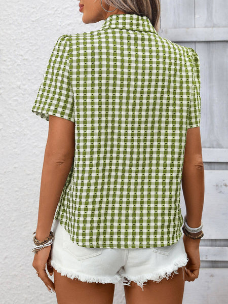 Gingham Button Front Short Sleeve Shirt: Navy / S