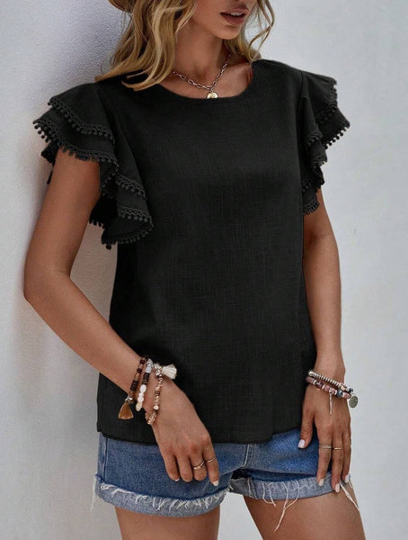 Crewneck Loose Lace Ruffle Short-Sleeved T-Shirt Top: Black