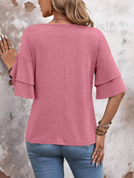 Womens Flutter Sleeve V Neck Summer Casual Blouse Top: Brown / 65%Rayon + 35%Polyester / L
