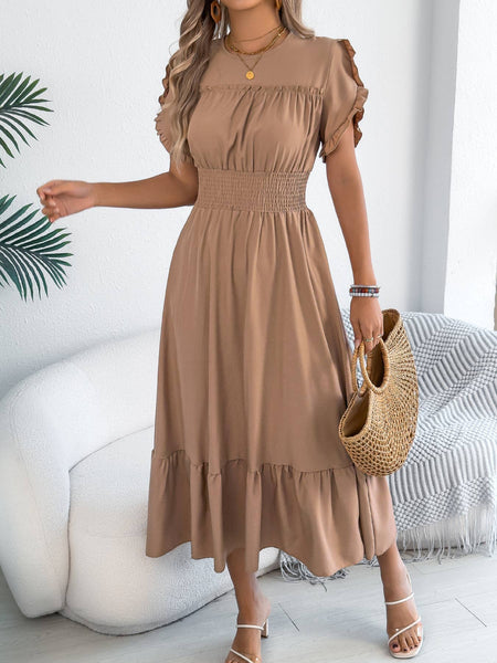 Smocked Waist Ruffle Sleeve Midi Dress: Black / XL