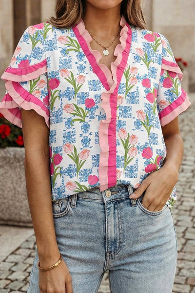 Floral Print Ruffled Trim V Neck Blouse |/ M