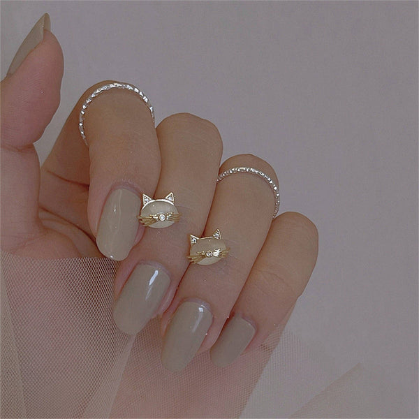 Cute Mini Opal Cat Stud Earrings in 925 Sterling Silver: Silver